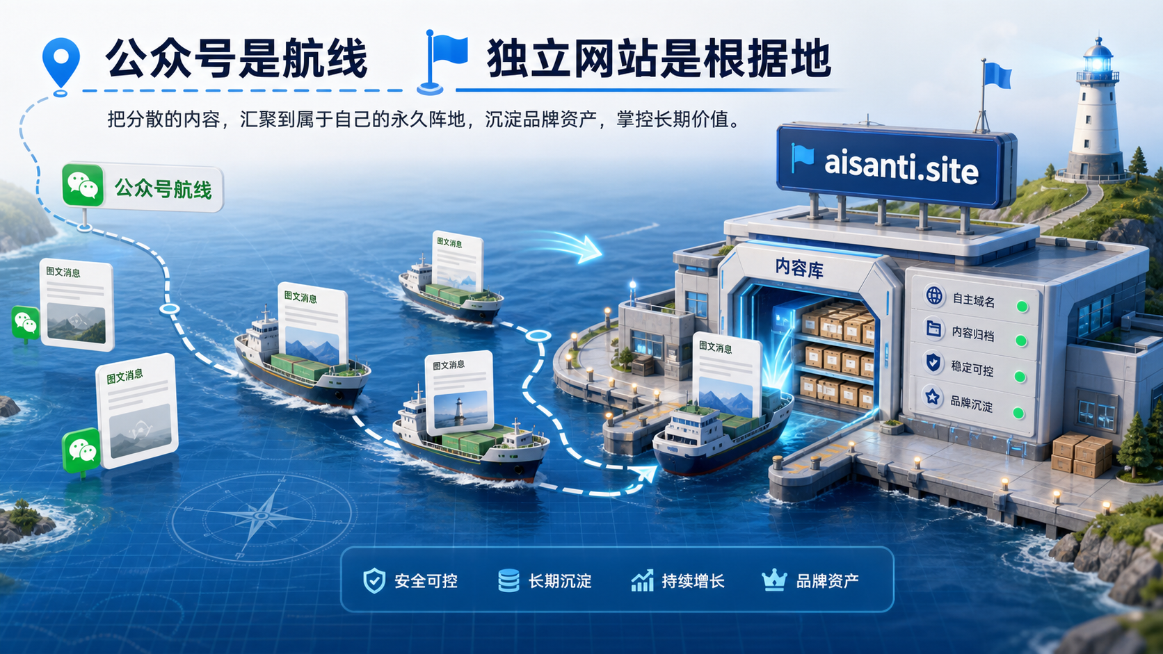 公众号是航线，独立网站是根据地